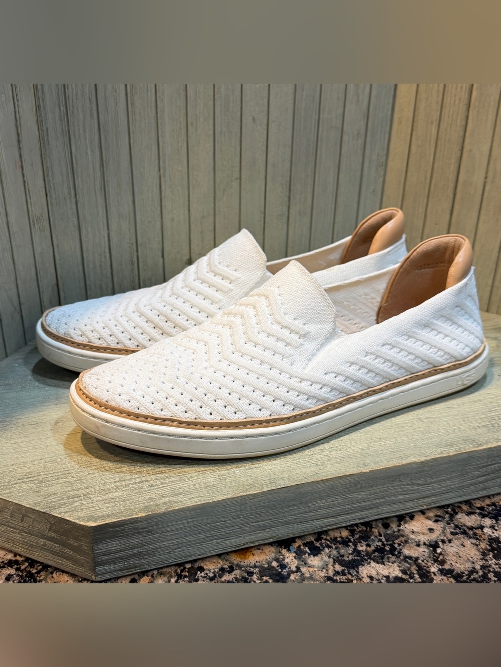 UGG White Slip-On Knit Sneakers with Tan Trim 9
